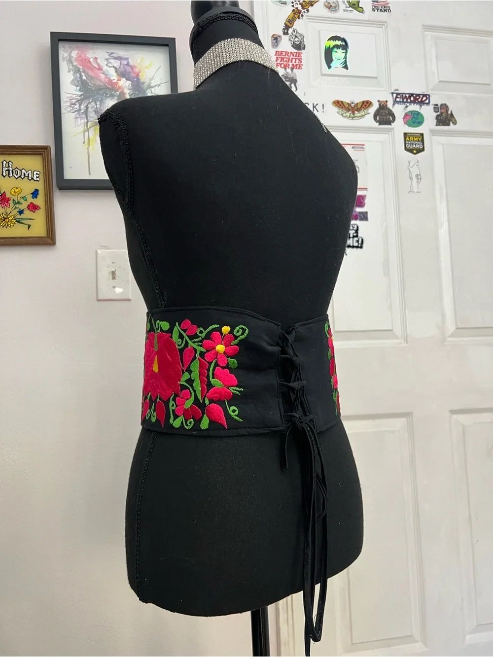 Embroidered Floral Waist Belt in Black with Pink & Green